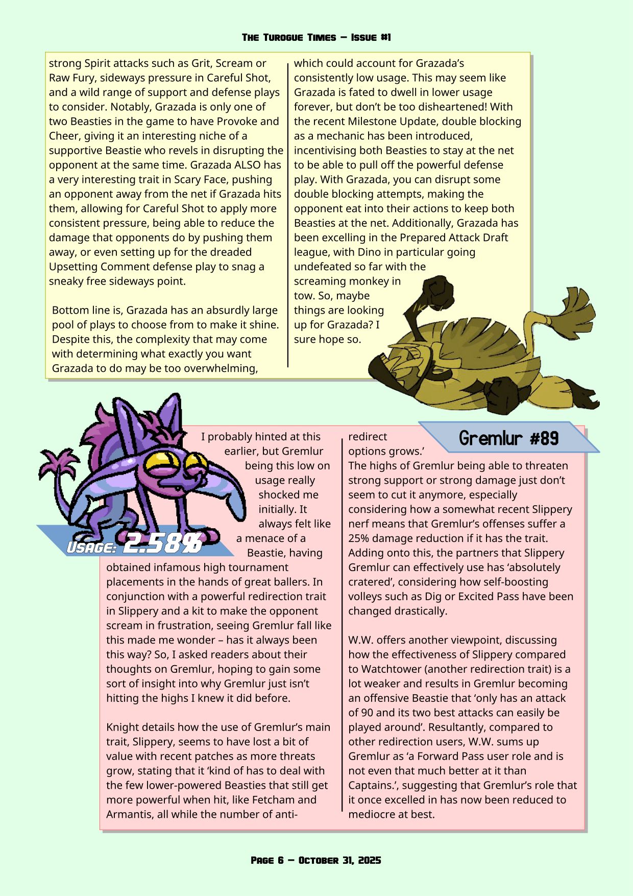 Page 6 of the Turogue Times, a Beastieball newsletter. This page is the Captain's Log, summarizing Beastie usage stats from the October Bigmoon Bash. For a more screen reader friendly format, please see the PDF download above.